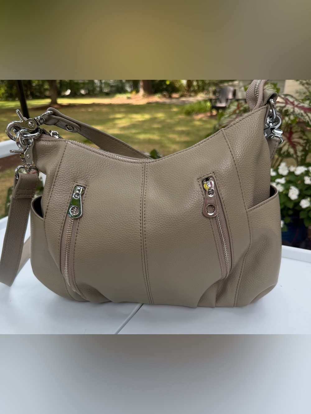 Taupe Leather Heshe Hobo Bag with Exterior Zips